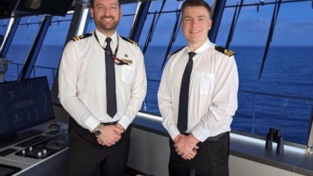 MLOCS alumni Joe Douglas and Calum Wright aboard Cunard’s brand-new ship ‘Queen Anne’